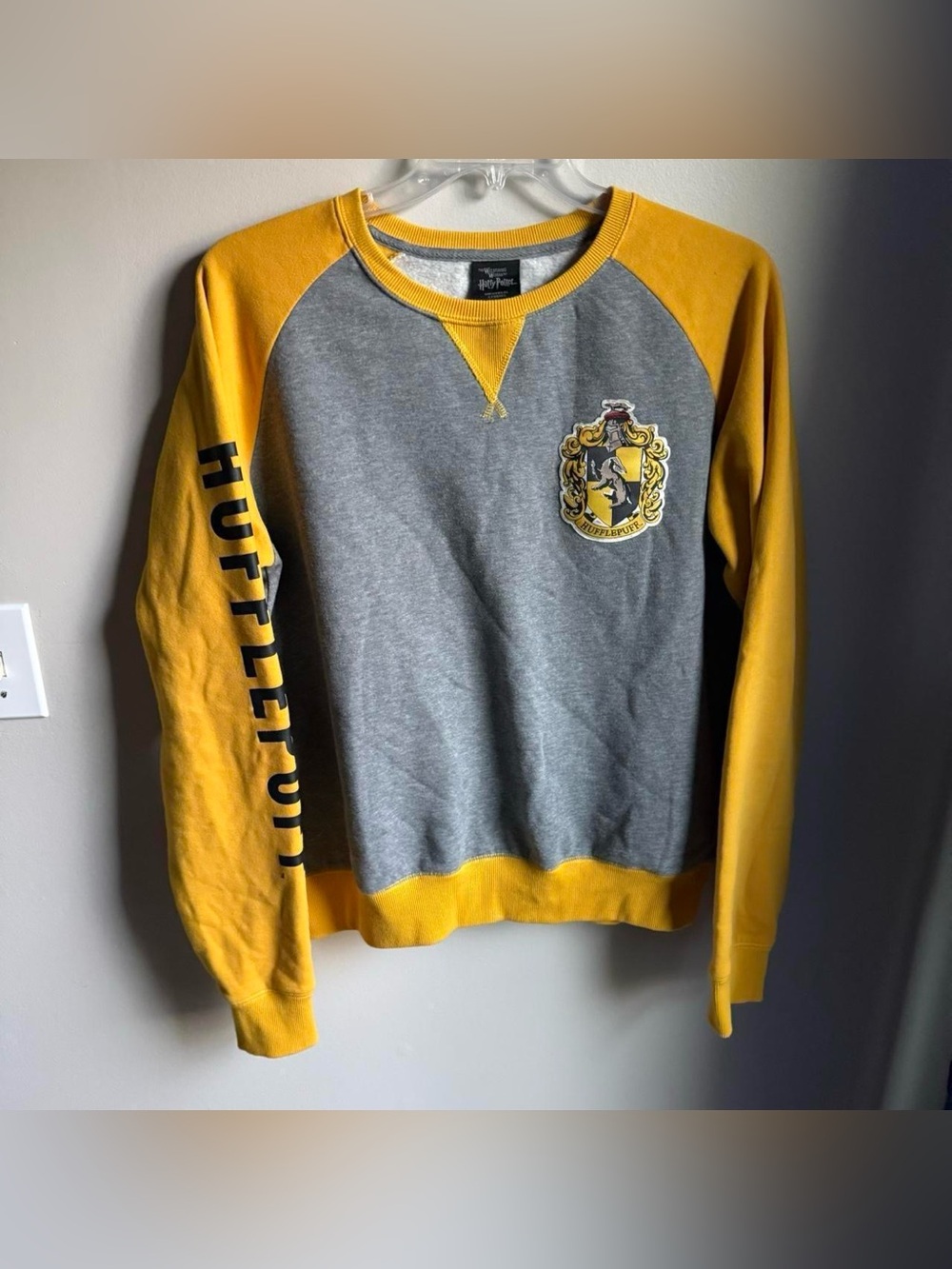 Hufflepuff Crewneck Sweatshirt With Spell out Sleeve And Crest Large Wizarding